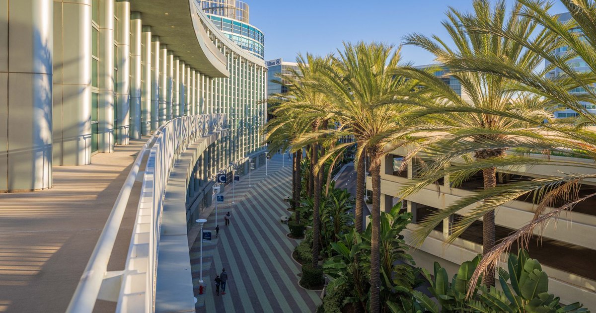 Contemporary building facade with palm trees in a sunlit Californian landscape.