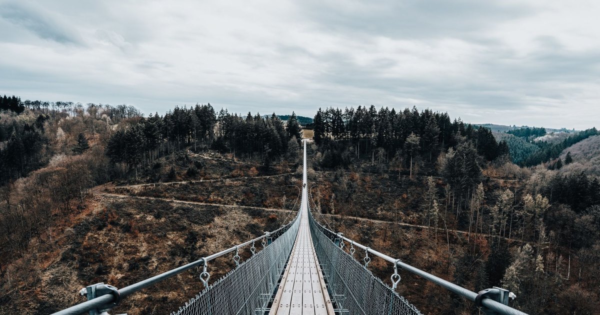 A dramatic view of a suspension bridge spanning a dense coniferous forest under a cloudy sky.